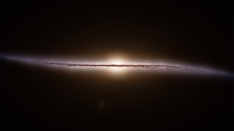 An edge-on view of the Milky Way shows a disk of stars surrounding a central bulge.