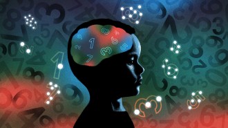 Illustration of a child with a brain full of numbers and surrounded by numbers. Some of the numbers are highlighted with a quantity of dots that correspond to that number.