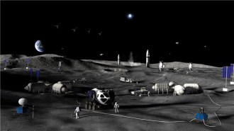 A moonscape is shown littered with the components of a moon base.