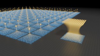An grid of multitudes of quantum bits, each associated with a single logical quantum bits, pictured next to a small array of quantum bits with multiple logical quantum bits