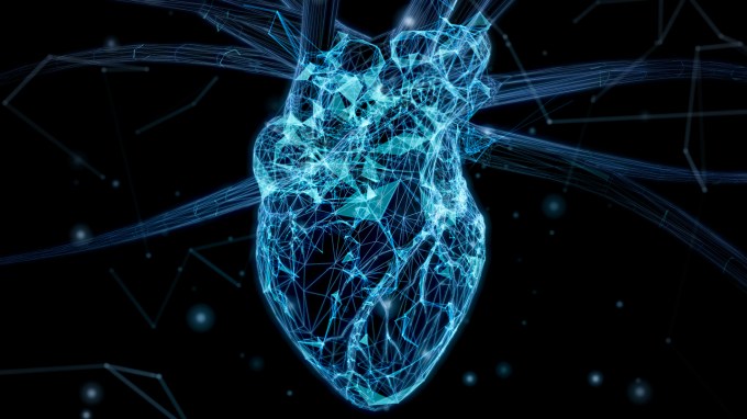 A web of blue lines etch the outline of a heart against a black background in an illustration meant to evoke the idea of a digital version of the organ.