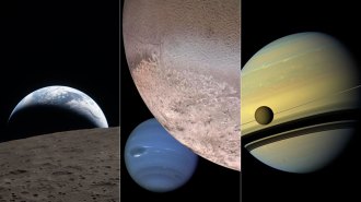 Three space images show different planetary scenes: Earth setting above the Moon, a large cratered moon with Neptune behind it and Saturn with a moon crossing its rings.