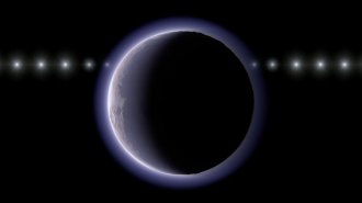 A distant icy world appears as a dark disk with a thin glowing halo, with a line of repeated bright points showing a distant star at multiple positions.