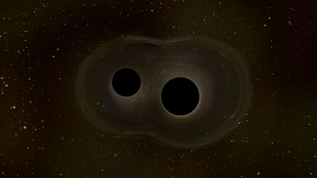 An illustration shows two black holes relatively close to each other against a starry space background.