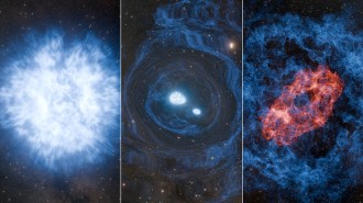 Three panels show different stages of a stellar explosion: A bright white flash on the left, two white dots nearing each other in the middle, and a reddish cloud on the right.